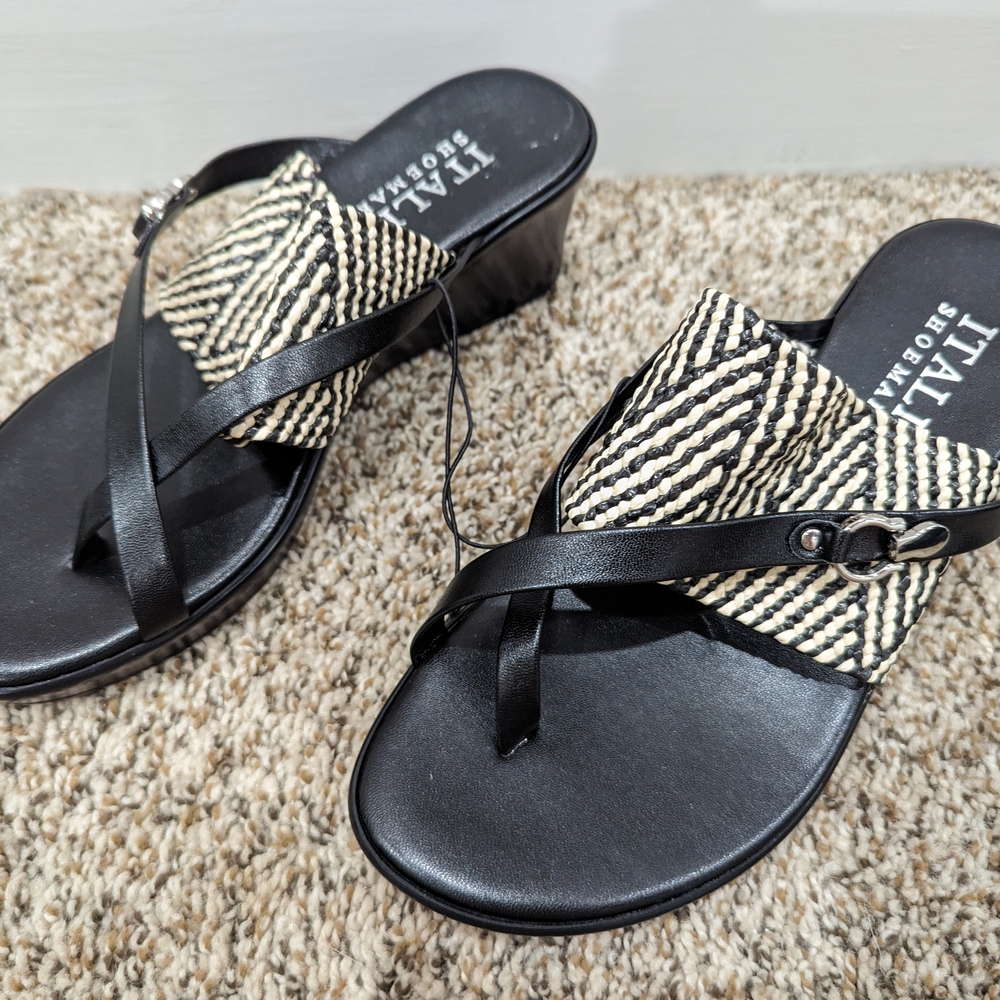 Italian Shoemakers Black and White Sandals with Chevron Straps
